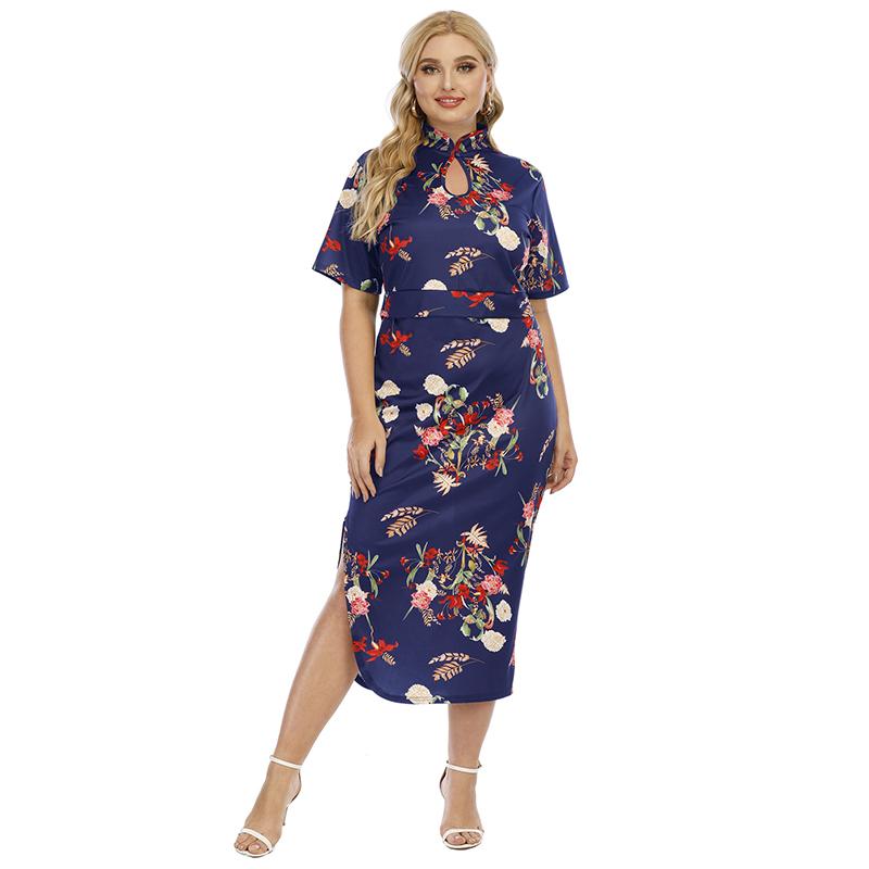 

Women's Plus Size Tracksuits Women Clothing Floral Print Slit Cheongsam Style Short Sleeved Skirt Two Piece Suit Guofeng Retro Sets Womens O, Black