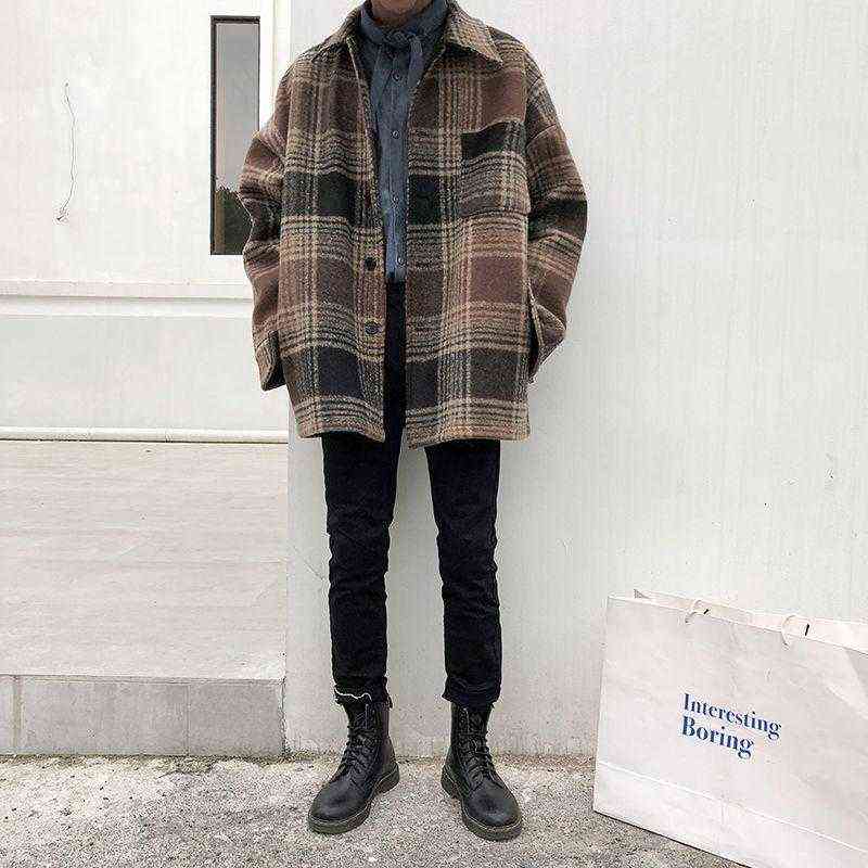 

Men's Wool & Blends Plaid Woolen Coat Fashion Retro Casual Jacket Men Streetwear Wild Loose Korean Long Mens Overcoat T220810, Coffee lattice