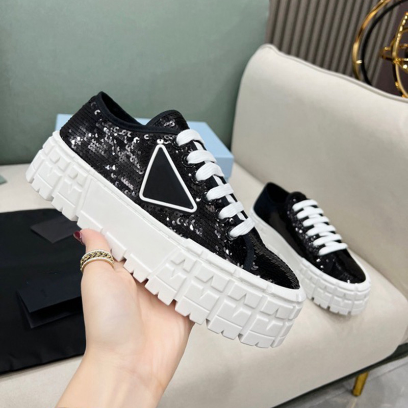 

Womens Double Wheel Sequin Sneakers White Lace Up Platform shoes For Woman Chunky Sole with Tire Tread Trainer Oversize Rubber Sneaker