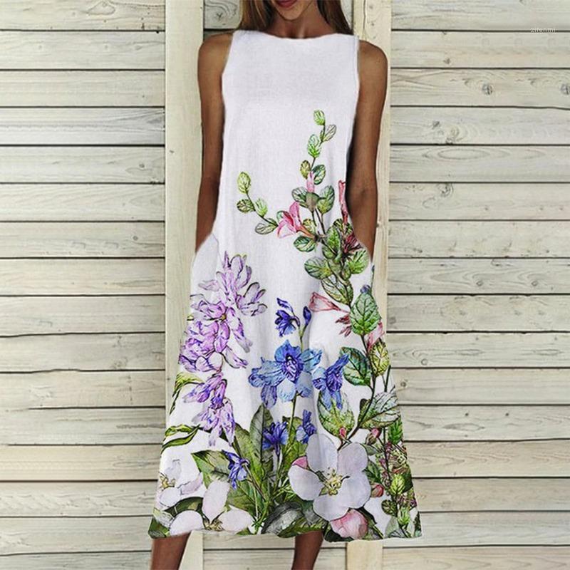 

Casual Dresses Retro Print Sleeveless Summer Dress For Women Pocket O Neck Loose Elegant Female Plus Size Party 2022