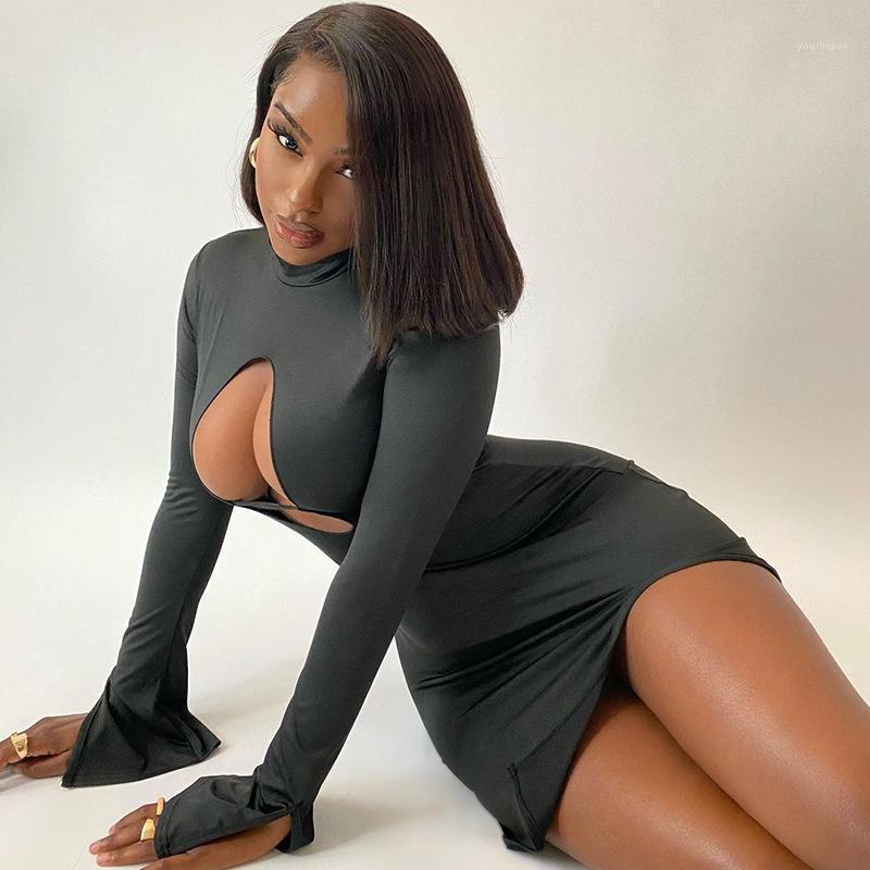 

Casual Dresses Women Party Club Bodycon Dress Fashion Long Sleeve High Neck Hollow Out Solid Color Slimming Fit Mini, Black