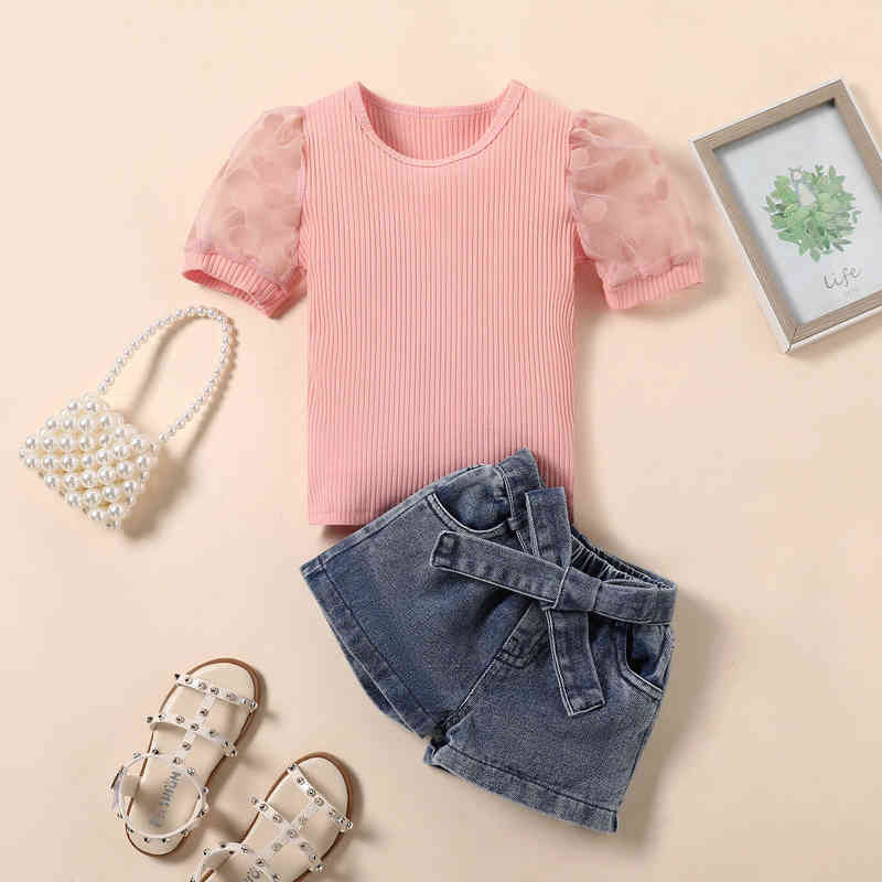 

Citgeett Summer Kids Girls Outfit Dots Short Sleeve T-shirt Denim Shorts Waist Belt Set Clothing Suit 1-6Years J220712, Red