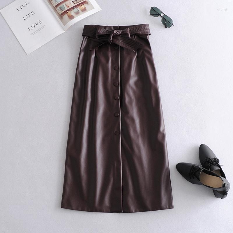 

Skirts Elegant High Waist Leather Penci Skirt Women Multi Button Wrapped Femme Brand 2022 Winter Autumn With Belt, 61979g wine red