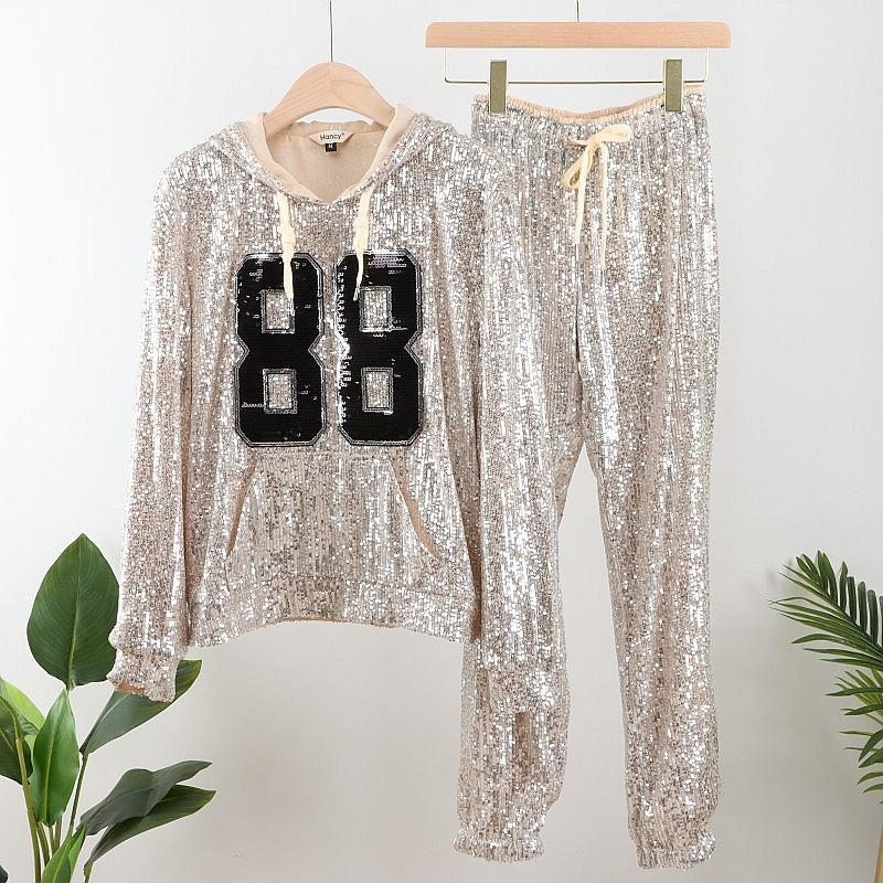 

Women' Two Piece Pants Club Outfits For Women Casual Lady Graceful Sequined Hooded Sweatshirt High Waist Wide Leg Set Woman 2 Pieces Chic, Pic color
