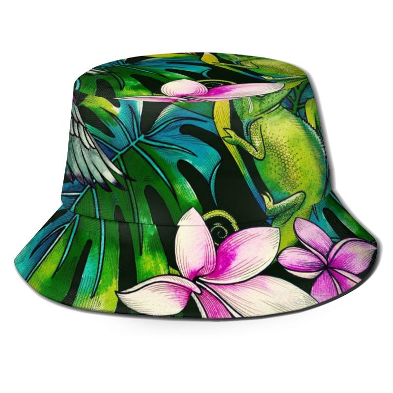 

Berets CINESSD Fashion Bucket Hats Fisherman Caps For Women Men Gorras Summer Tropical Humming Bird Lizard And Flowers, Black 1
