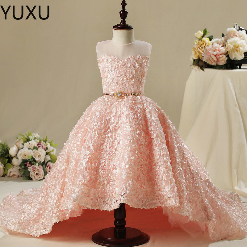 Princesse Fleur Filles Robes Long Train Avec Perles Perles Première Sainte Communion Robes Col En V Dentelle Robe De Bal Filles Pageant Robes