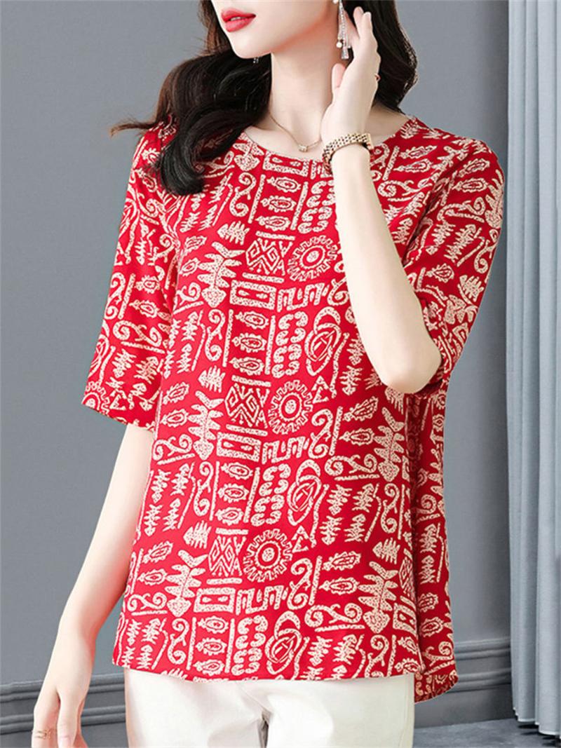

Women' Blouses & Shirts Women Spring Summer Lady Fashion Casual Half Sleeve O-Neck Collar Retro Printing Blusas Tops2223Women, Red
