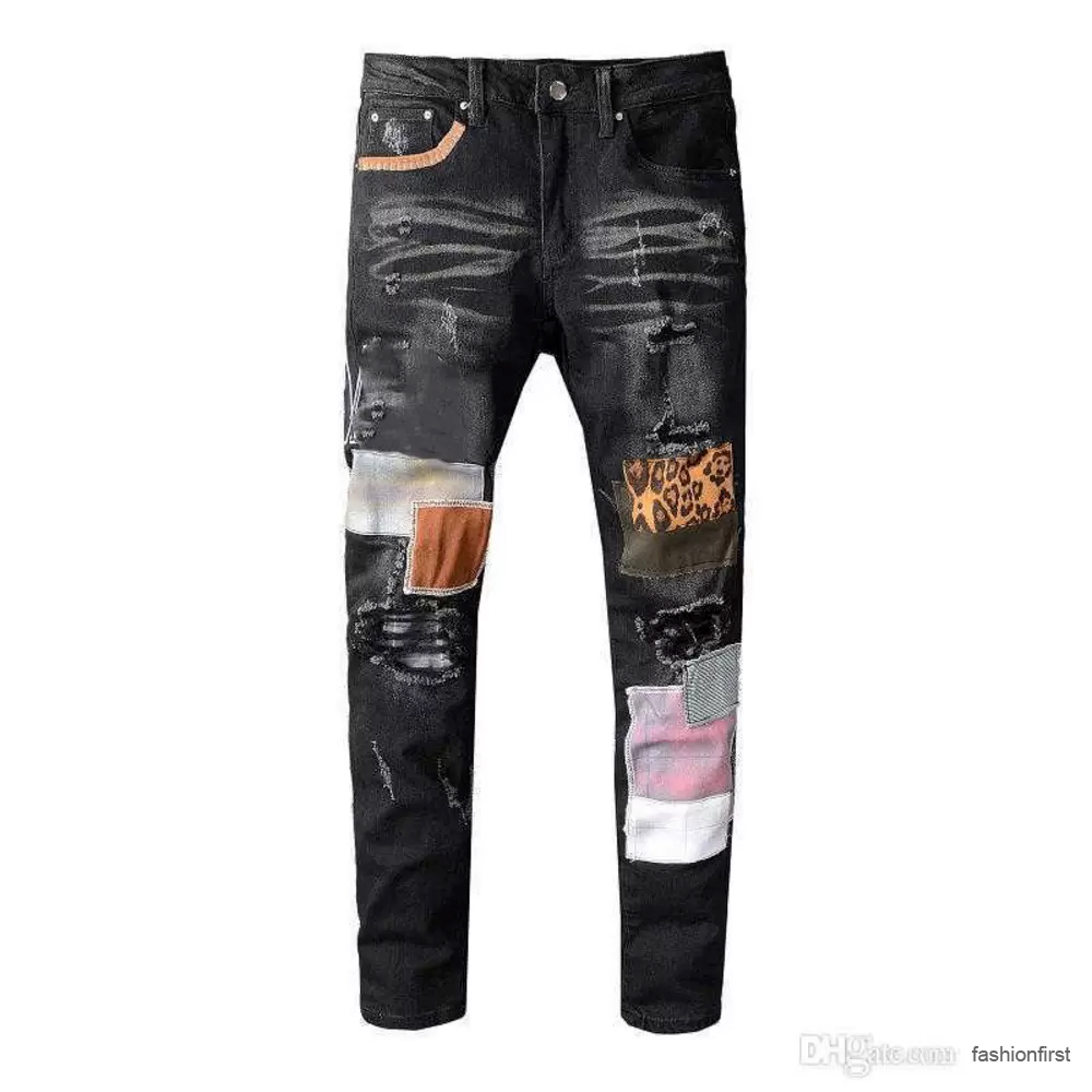 

Jeans Mens Hip Hop Style Luxury Designer Denim Pant Distressed Ripped Biker Jean Slim Fit Motorcycle men clothing Size 28-40cowboy Plus Size High Quality Pants, #615 black