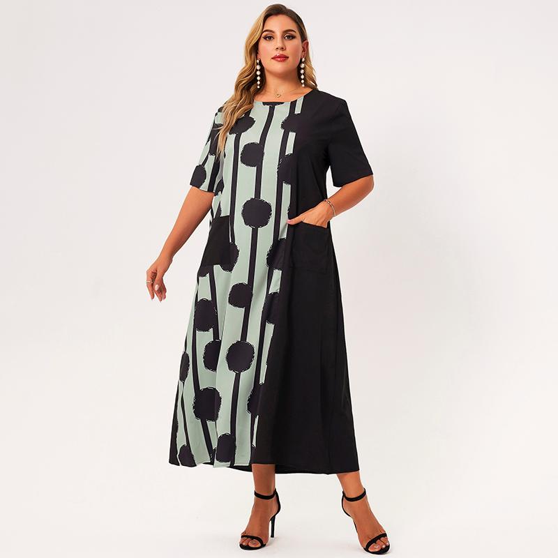 

Plus Size Dresses 2022 Summer Dress Women Black O-neck Short Sleeves Patchwork Polka Dot Striped Print Loose Casual Maxi 4XL