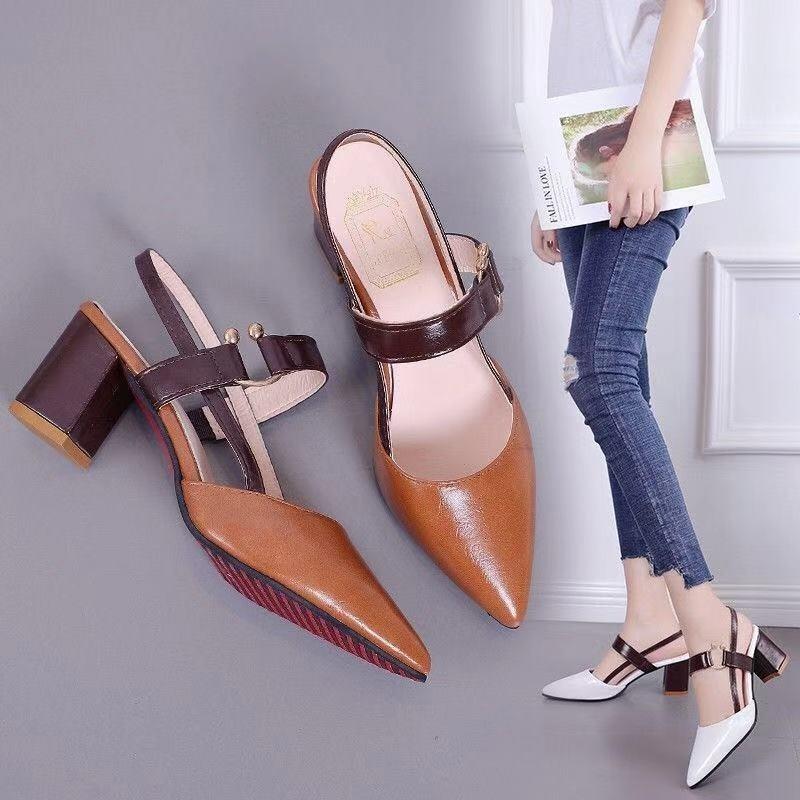 

Sandals 34-Large Women's Shoes Pointed Thick Heel Slotted Buckle High Heels Extra Large Women, White