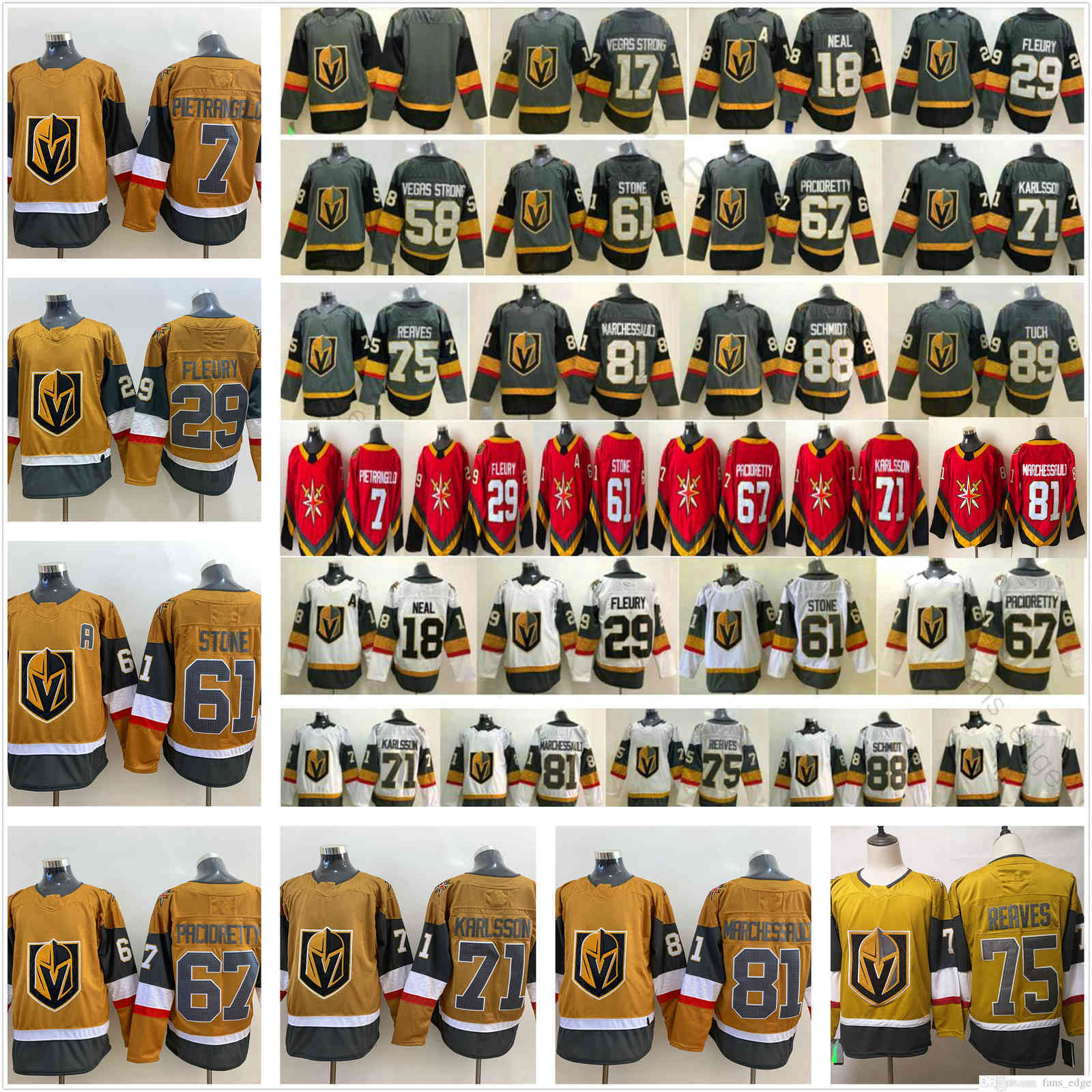 2021 Reverse Retro Vegas Golden Knights 29 Marc-Andre Fleury 71 William Karlsson 61 Mark Stone 67 Max Pacioretty Red Gold Hockey''Nhl&#