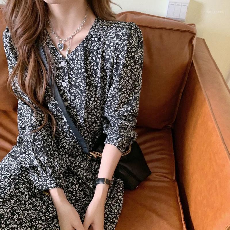 

Casual Dresses Spring Summer Print Korean Chiffon Dress Women Party V Neck Sexy Boho Beach Female Floral For, Black