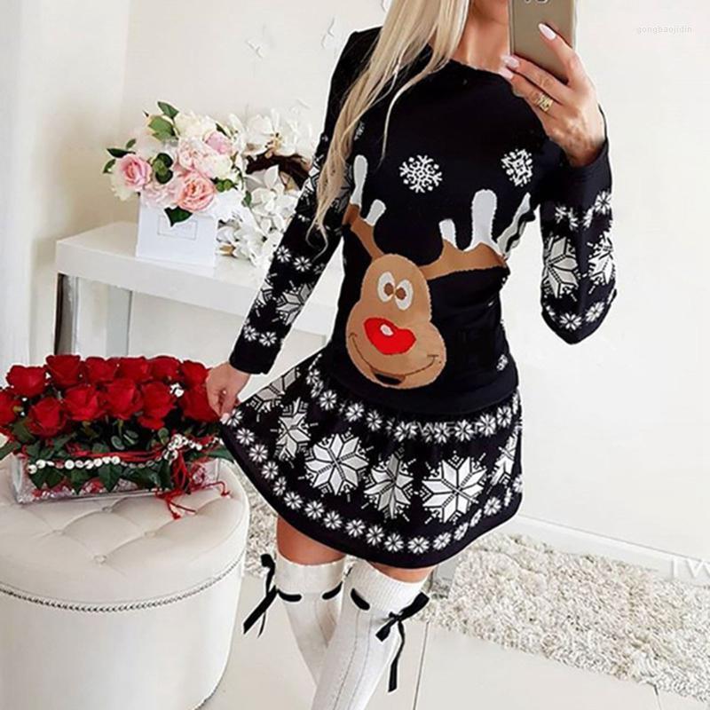 

Casual Dresses Autumn Winter Cartoon Christmas Sheath Dress Year Festival Family Party Women Snowflake Print Long Sleeve Vestidos, Black