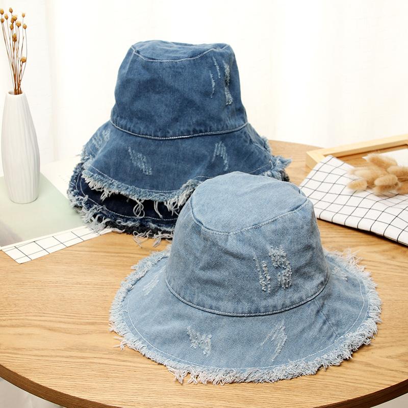 

Berets Denim Raw Edge Women Man Bucket Hat With Holes Cowboy Unisex Autumn Winter Sun Cap Fashion Prevent Lady HatsBerets, Sky blue