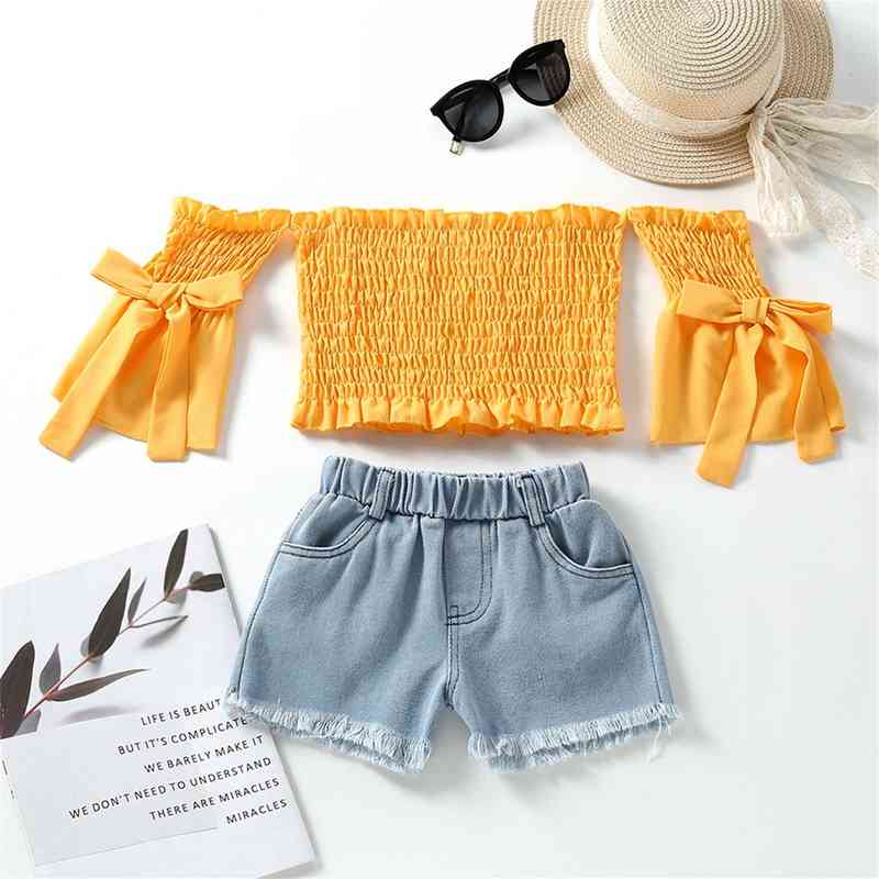 

Citgeett Summer Kids Baby Girls Tops Pants Suit Long Sleeves Off Shoulder Shirt Denim Tassels Shorts Clothing J220712, Red