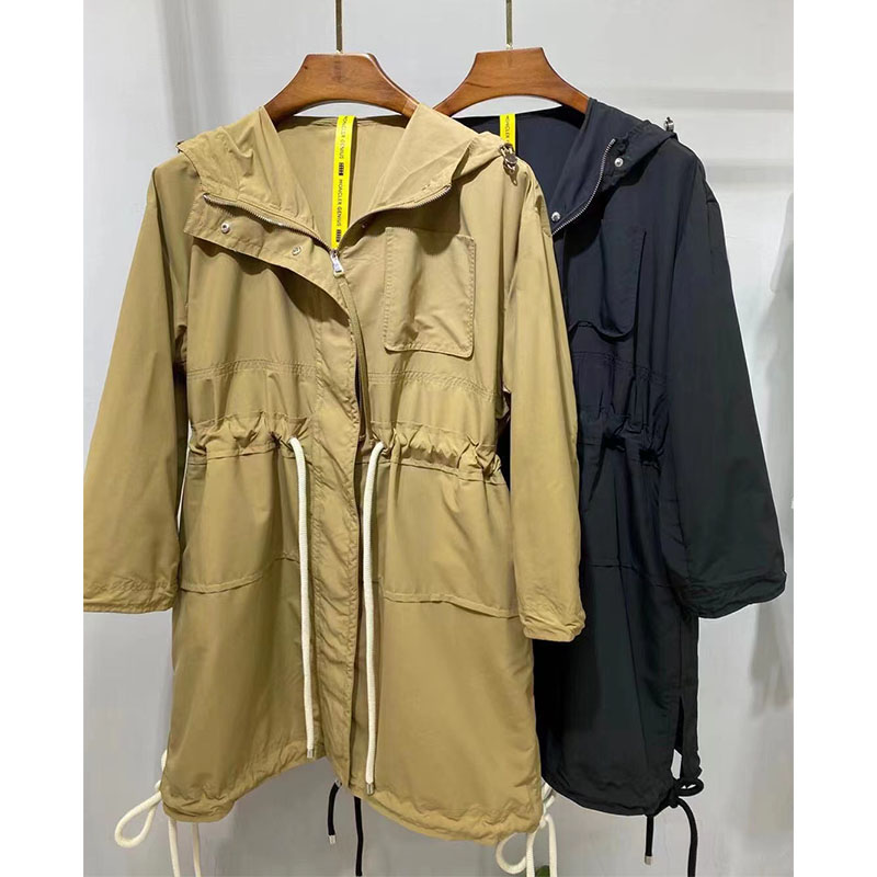 

Women Waist drawstring long jackets The high quality hooded thin Light and breathable parka trench coat Hem drawcord outwear, Khaki