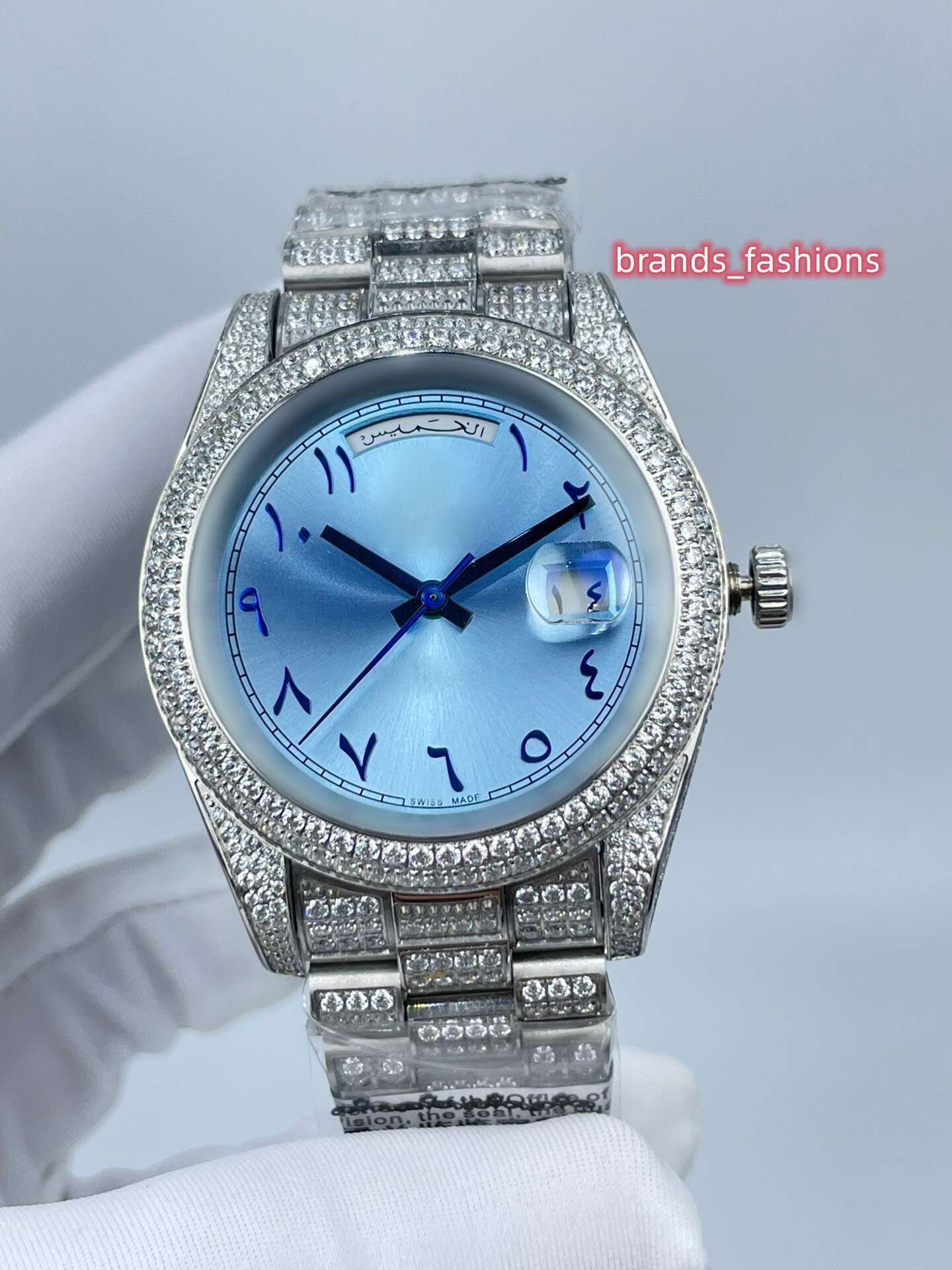 

New men's iced diamond watch Arabic scale calendar week watches silver stainless steel automatic mechanical watch