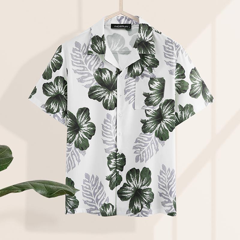 

Men' Casual Shirts INCERUN Fashion Men Hawaiian Shirt Flower Printed Short Sleeve Chic Lapel Button Camisa Masculina Vacation Street, Green