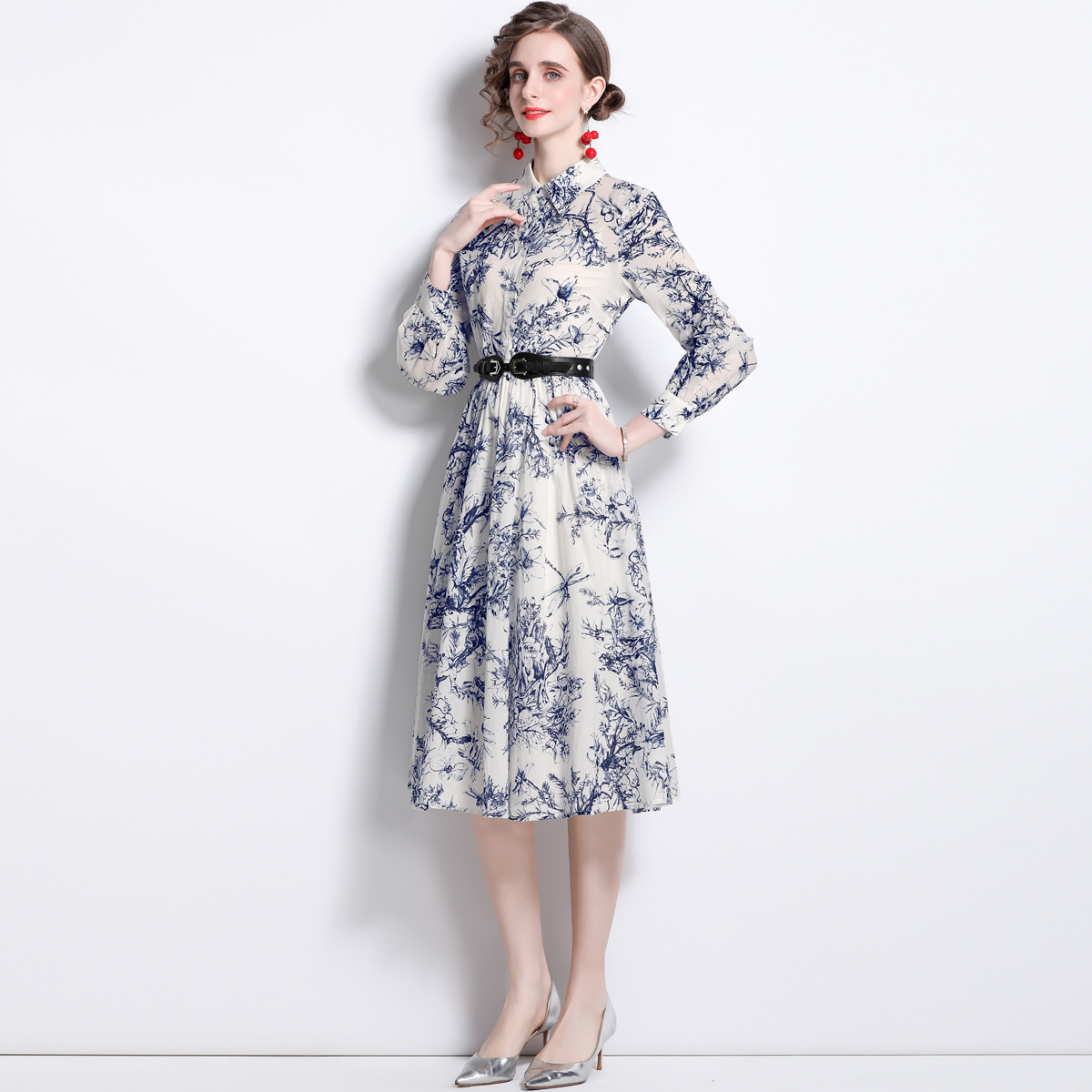 

2022 Retro Floral Casual White Dress Long Sleeve Woman Designer Spring Autumn Lapel Slim Button Up Shirt Dresses Women Runway Loose Big Swing Party Frock With Belt