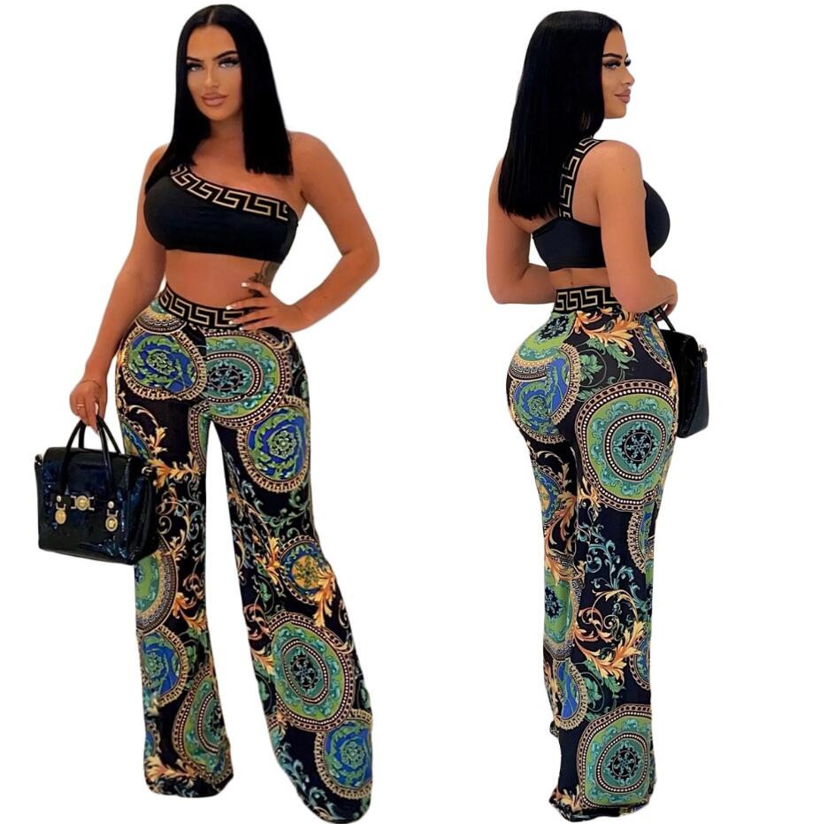

K7138 European and American Women's Two Piece Pants 2022 summer fashion trend printing suit, Black 7138