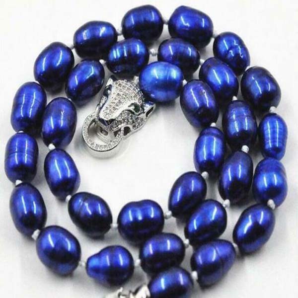 

Beautiful NEW 7-9mm freshwater Cultured Blue Pearl Necklace 18"leopard Clasp