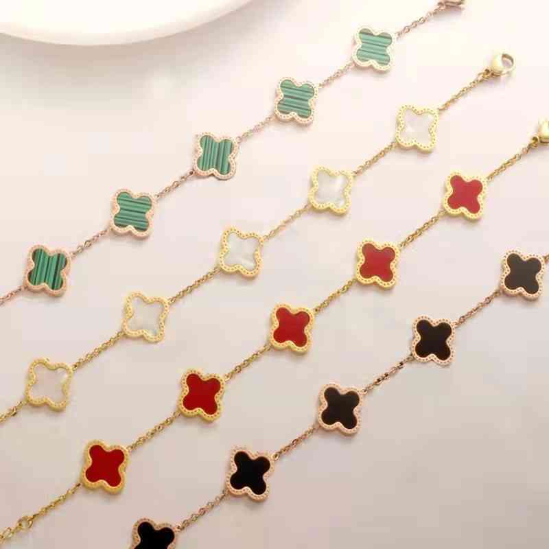 

Female Four Leaf Colorful Bracelets Shell Stone Stainless Steel Link Banges For Thanks Giving Day Or Christmas Gift