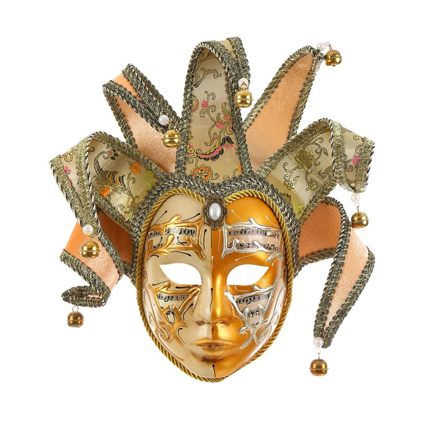 

C/Miracle Gold Volto Resin Music Venetian Jester Mask Full Face Masquerade Bell Joker Wall Decorative Art Collection291o