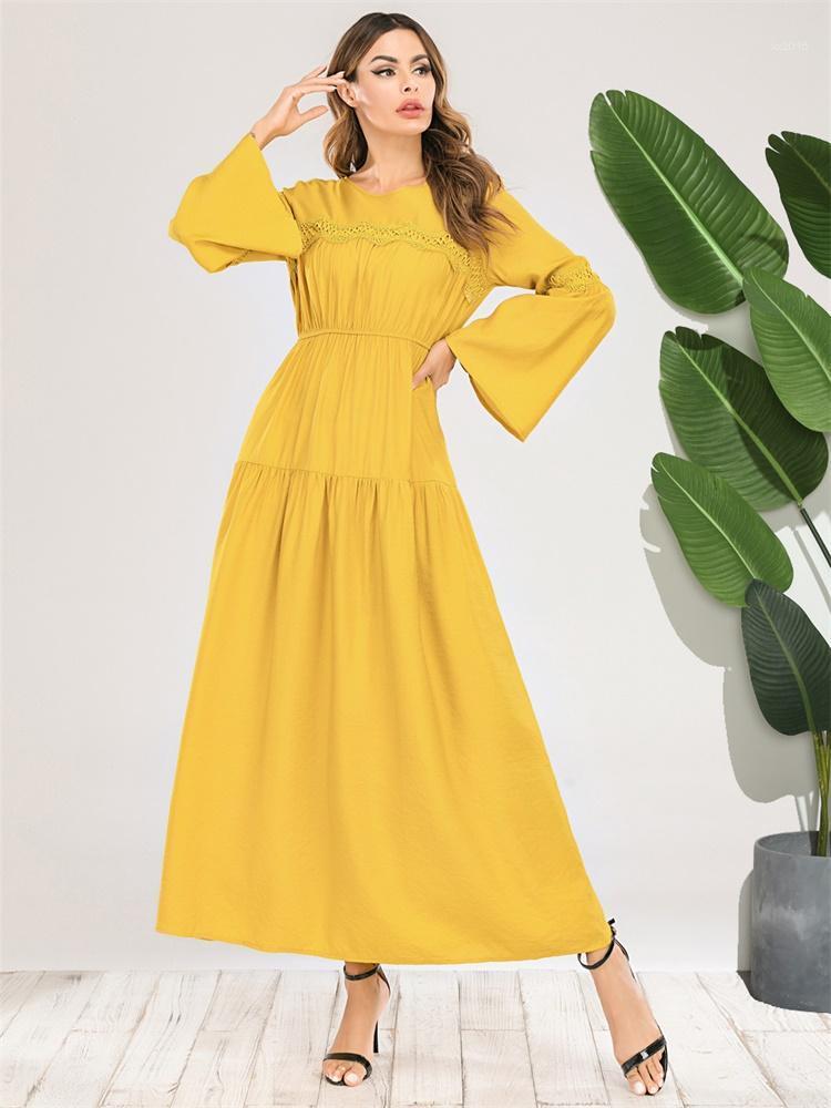 

Casual Dresses Cotton Elegant Yellow Pleated Maxi Long Dress For Women Flare Sleeve Empire Ethnic Arabic Clothes 2022 Abaya Moroccan Kaftan