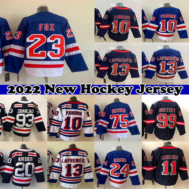 

23 Adam Fox Jersey 31 Igor Shesterkin 10 Artemi Panarin 99 Wayne Gretzky 75 Ryan Reaves 20 Chris Kreider 13 Alexis Lafreniere 93 Mika Zibanejad hockey jerseys, Blue youth(kids)