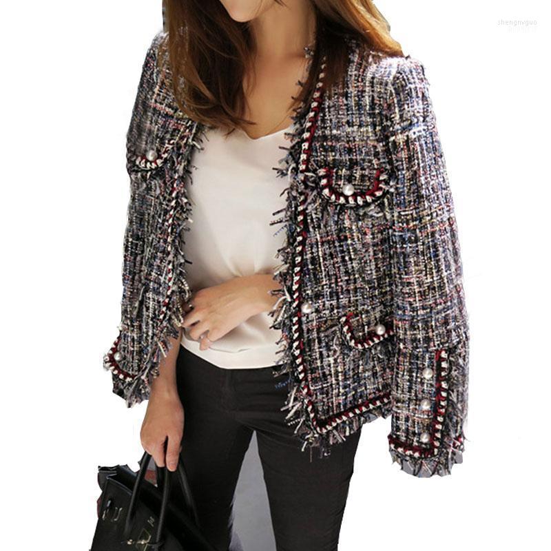 

Women' Jackets 2022 Autumn And Winter Brand Tassel Pearl Buckle Wool Coat High Quality Retro Warm Tweed Elegant, Picture color