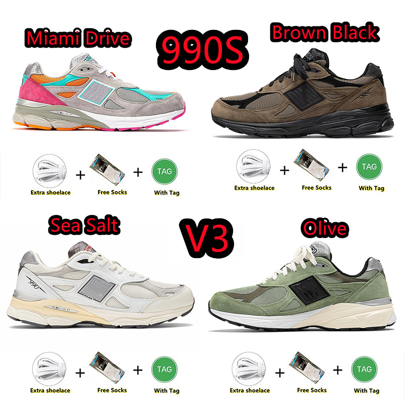 

2022 990v3 990S mens running shoes sneakers Brown Black Miami Drive Olive Salt Sea Salt men women trainers sports shoe size 36-45, Pay for box