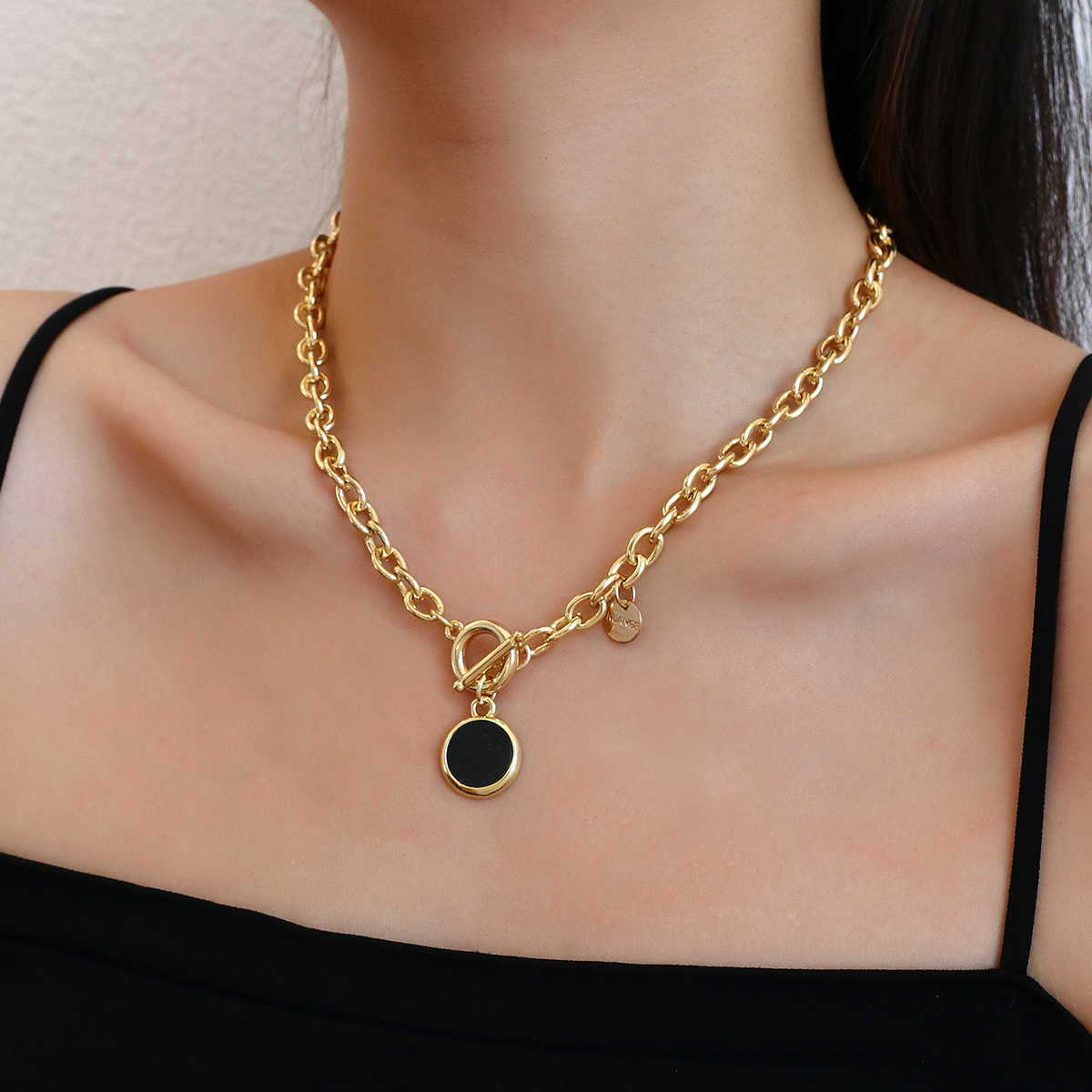 Aensoa Round Acrylic Pendant Necklace, Gold and Silver, Thick Chain, Buckle, Punk, Women's Jewelry-image-747256637