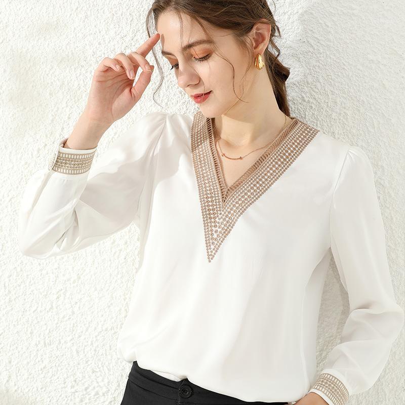 

Women's Blouses & Shirts Daisy Embroidery Little Heavy Craft Satin Chiffon Shirt Autumn 2022 Pure Simple Top Female-820329, Quarter sleeve white