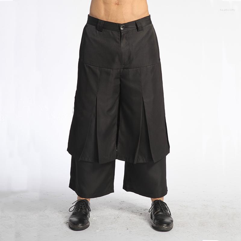 

Men's Pants 2022 Summer Fashion Personality Black Faux Two Piece Casual Male Trousers Harem Wide Leg Singer Costume Heat22