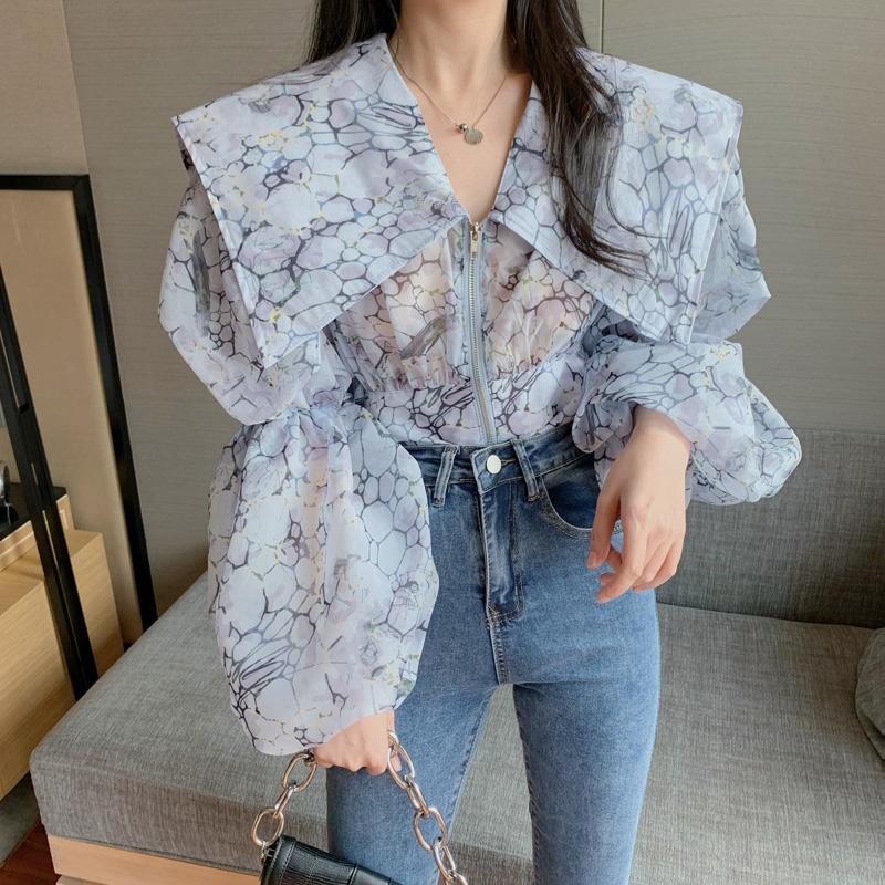 

Women's Jackets Womens Zipper Korean Version Style Printed Jacket Women's Loose Large Lapel Lantern Long Sleeve Women Top 013EWomen's, Blue