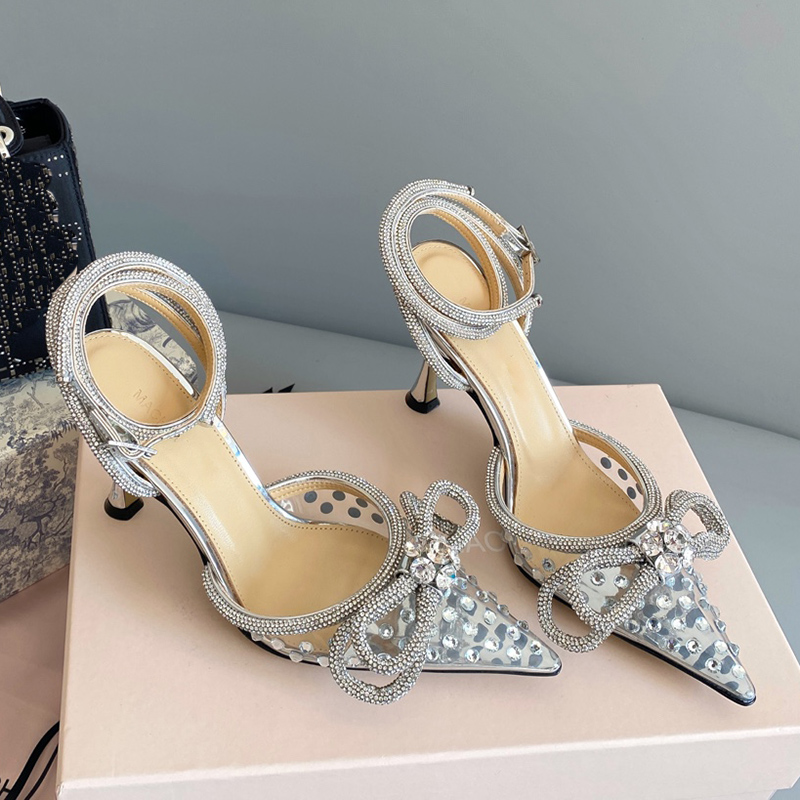 

MACH MACH Rhinestone Dress shoes for women Crystal Embellished Bow high heeled sandals Designer Heels transparent Pearl drill party slippers 9.5cm heel womens shoe, 9.5cm clear drill sandals