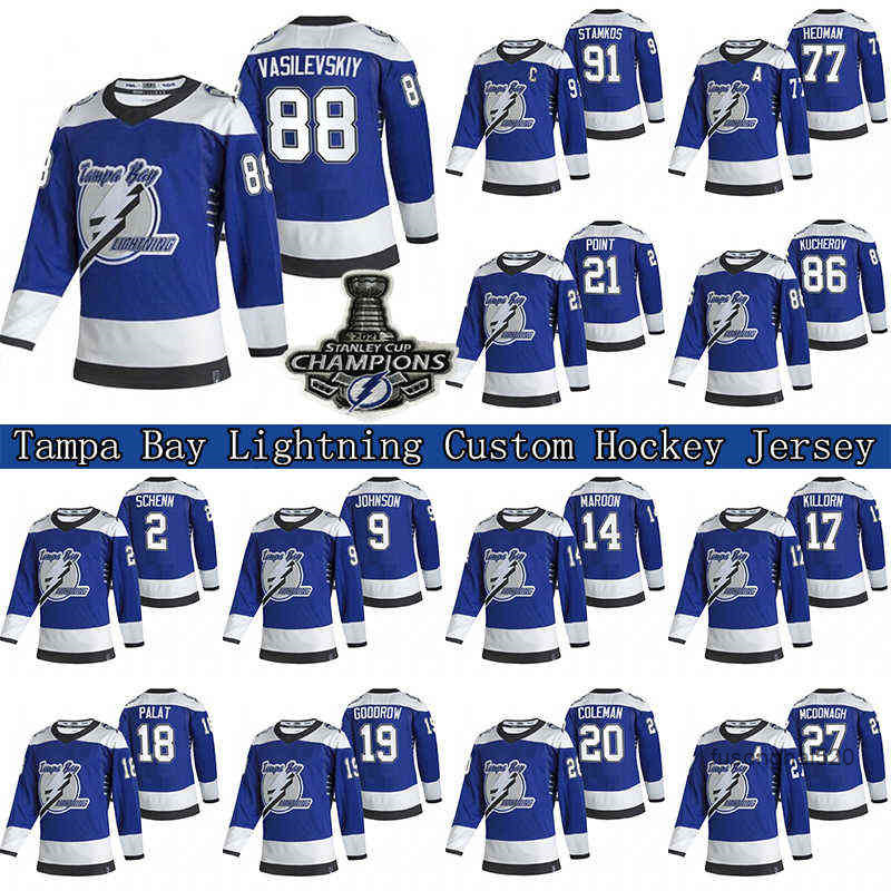 

86 Nikita Kucherov Custom Tampa Bay Lightning 2021 Reverse Retro Jersey 88 Andrei Vasilevskiy 77 Stanley Cup Hockey Jerseys nhl's Jerseys, Blue 2021 stanley cup champions