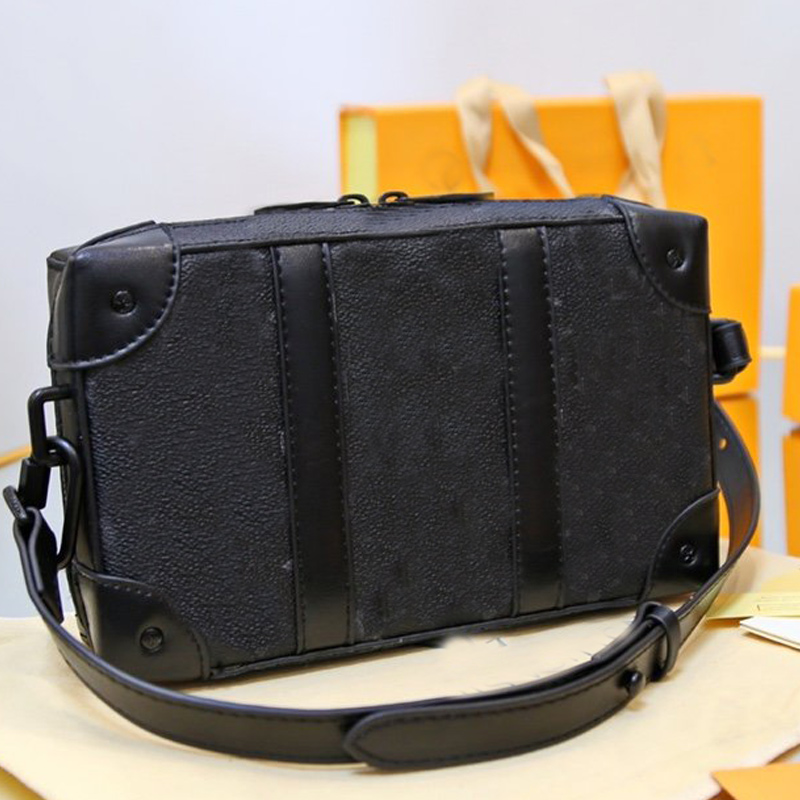 

Soft Trunk Box Bag Cow Leather Shoulder Bag L Letter Handbag Zipper Wallet Long Belt Shoulder Bag Package with folded Gift box, Black