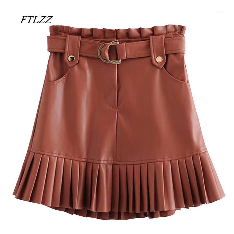 

Skirts FTLZZ 2022 Women Fashion Streetwear Ruffles Pleated Mini A-line Pu Leather Skirt With Belt Party Club Sexy Short, Black