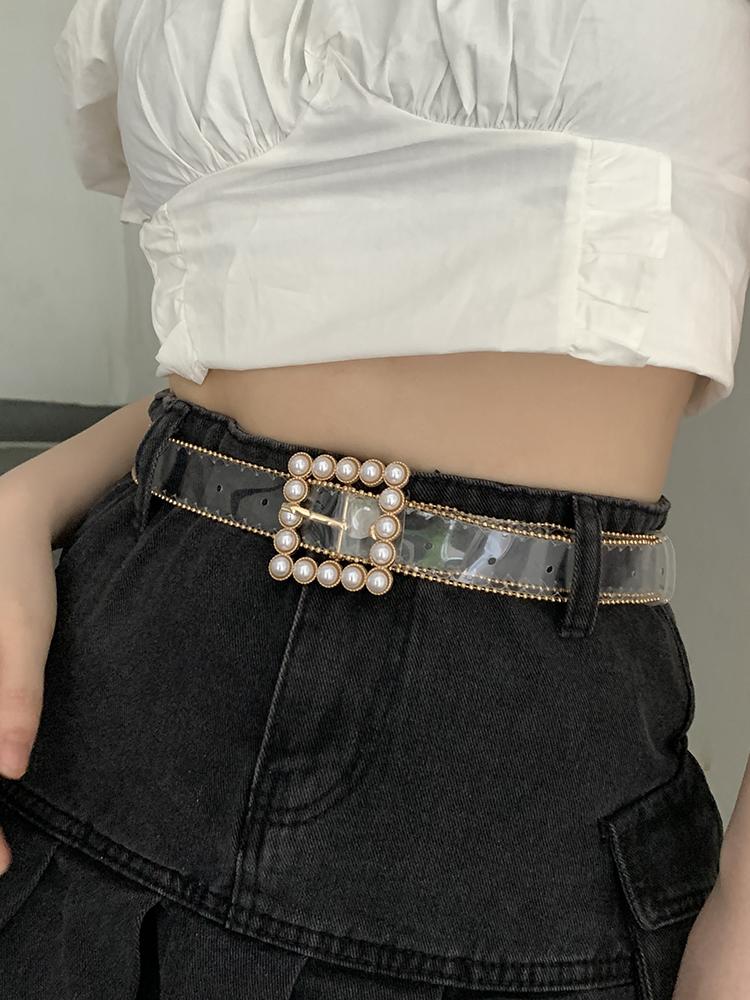 

Belts Women Belt Brand Design Diamond Pearl Buckle Transparent Ins Decorative Dress Small Fashion Jeans, Black