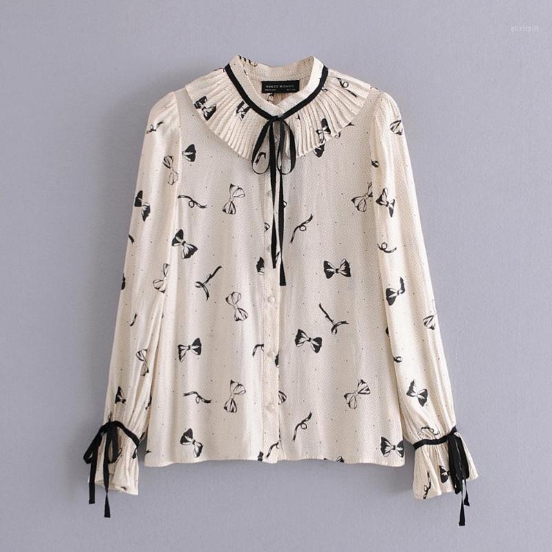 

Autumn And Winter Ladies Dress Lotus Leaf Collar Pleated Bowknot Printing Elegant Party Christmas Long-sleeved Cotton Top Women's Blouses &, Az9951