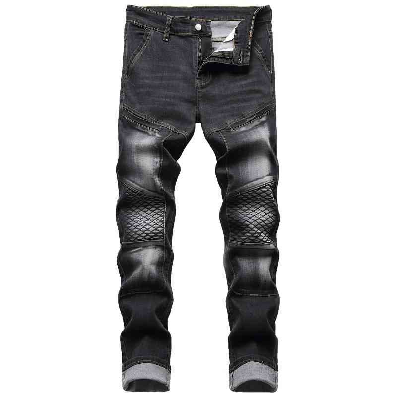 

Denim pants men's fashion brand motorcycle style personalized slim elastic jeans, Black