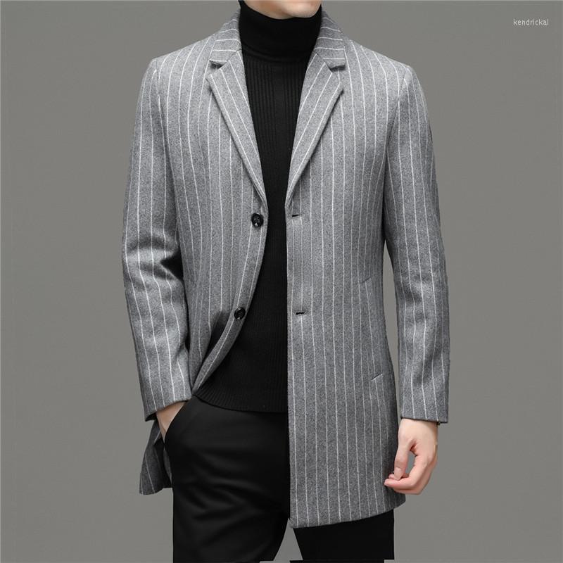 

Men's Wool & Blends Winter Men Fleece Business Casual Trench Coat Mens Striped Slim Fit Overcoat Male Office Formal Long Coats Jackets Kend2, Black