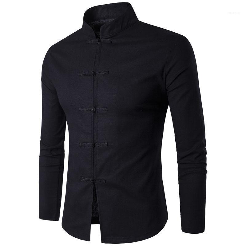 

Autumn Mens Fashion Dress Shirts Designer Male Retro Tang Stand Collar Elastic Casual Long Sleeves Shirt Camisa Men Tops 2colour Men's, Black
