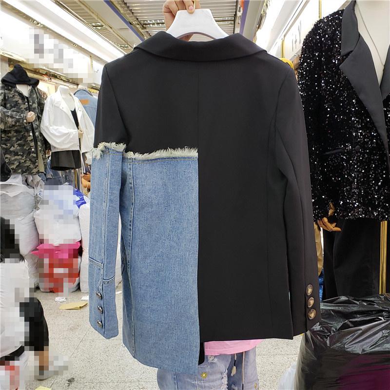 

Women's Suits & Blazers Denim Irregular Patchwork Blazer Jacket Women Spring Black Notched Collar Long Sleeve Outerwear Female Jeans Splicin