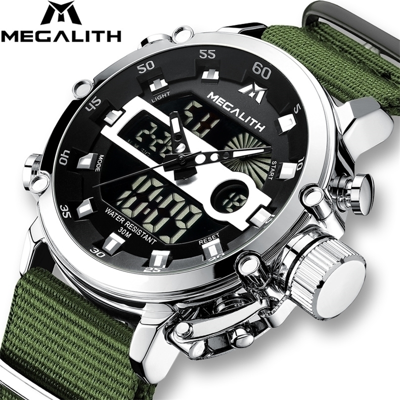 

Relogio Masculino MEGALITH Sport Waterproof Watches Men Luminous Dual Display Alarm Top Brand Luxury Quartz Watch Wholesale 8051 220530, Nylonsilver