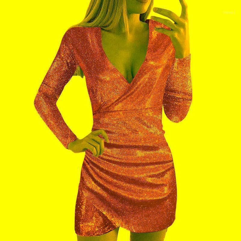 

Casual Dresses Glitter Sequins Long Sleeve Party Clubwear Solid Color Deep V Neck Wrap Slim Bodycon Mini Dress Fit Vestidos Robes, Gray