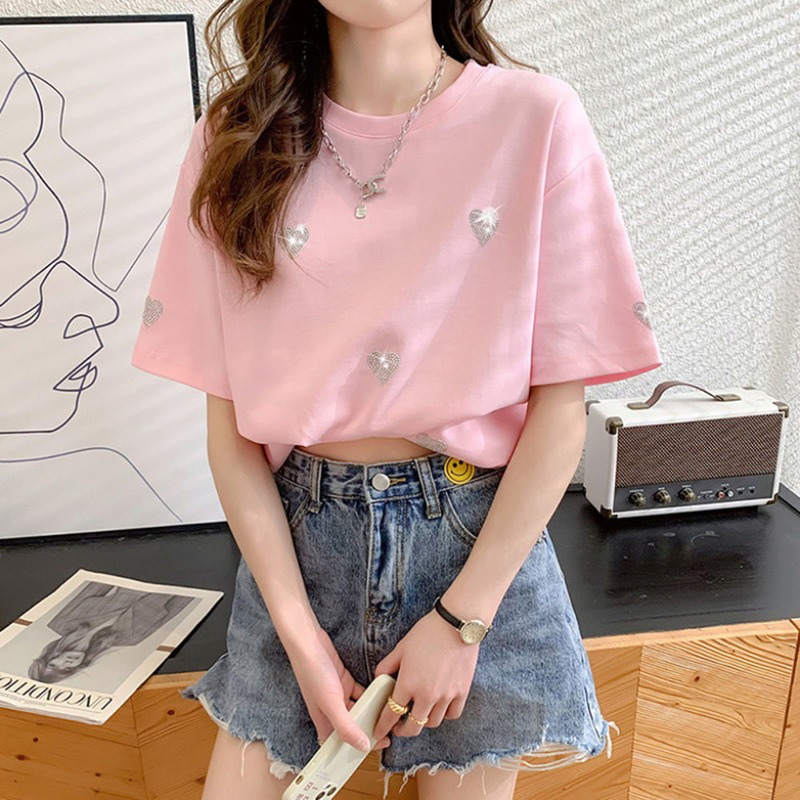 

Summer 2022 Short Sleeve T-shirt Women Cute Dachshund Beading Diamonds heart pattern Casual Tops Tees White Pink Blue 220613