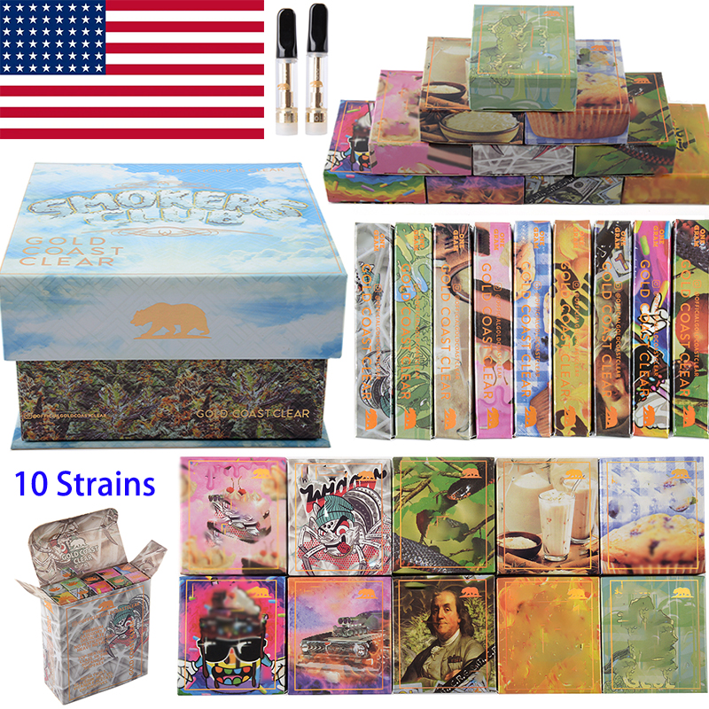 

USA Stock Newest Package Atomizers Gold Coast Clear Smokers Club Empty Vape Pen Cartridges Glass Tank 0.8ml 1ml Ceramic Carts Oil Dab Wax Vaporizer 510 Thread