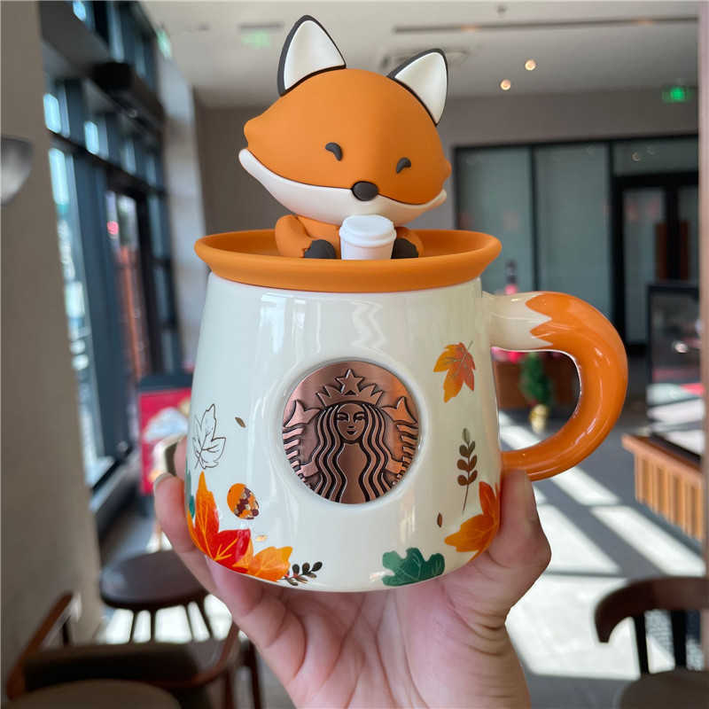 Starbucks cup autumn maple leaf cute fox shape bronze ceramic mug desktop cup coffee cup with cover-image-759401294